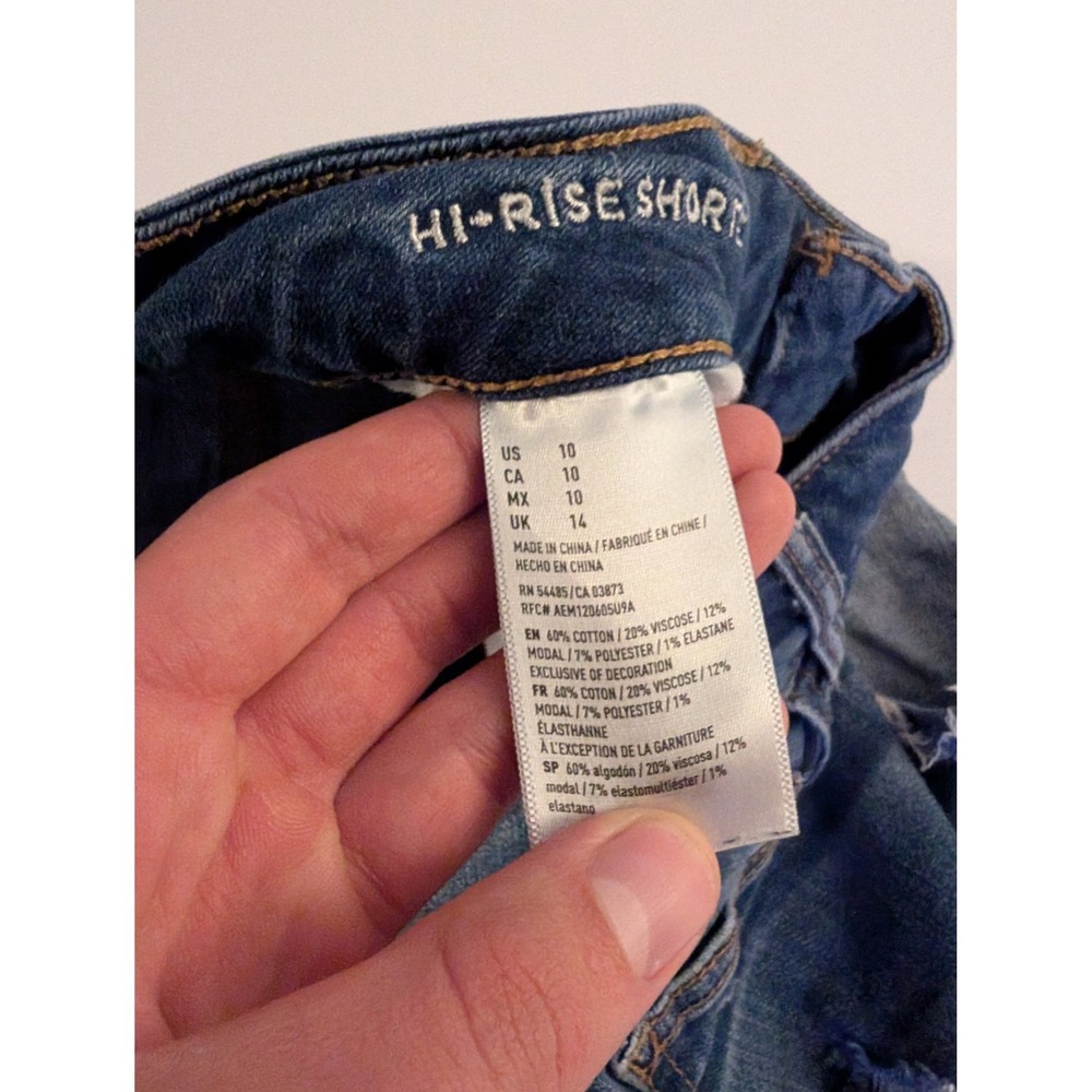 American Eagle Size 10 Hi-Rise Shortie Distressed Denim Shorts Blue Stretch - Picture 6 of 9